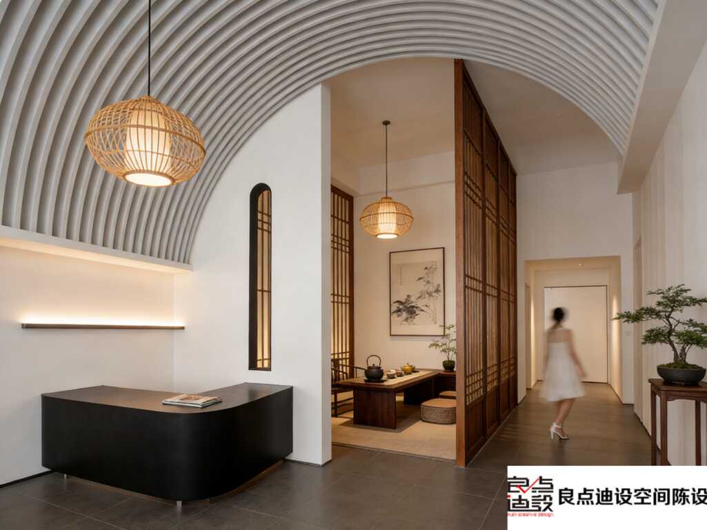 进门就被弧形前台美到!竹编灯+留白墙封神新中式美容院软装修软装设计